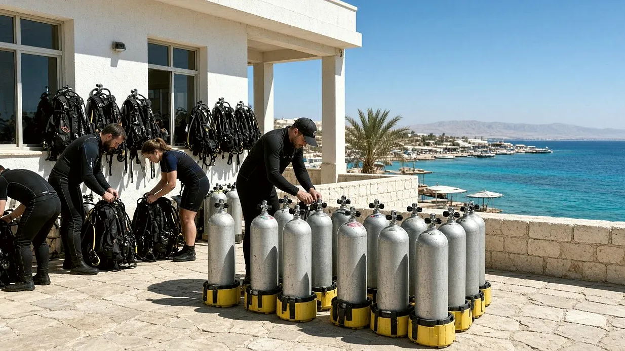 Scuba tanks on a rack at a waterfront dive school