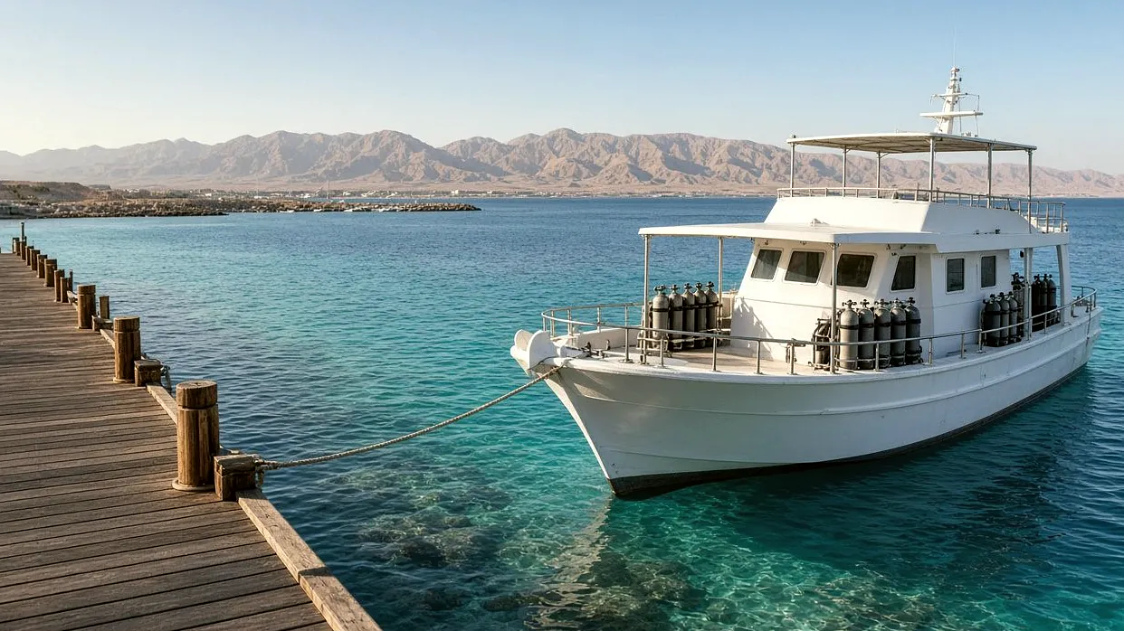 Day-dive boat tied to a wooden jetty in a marina