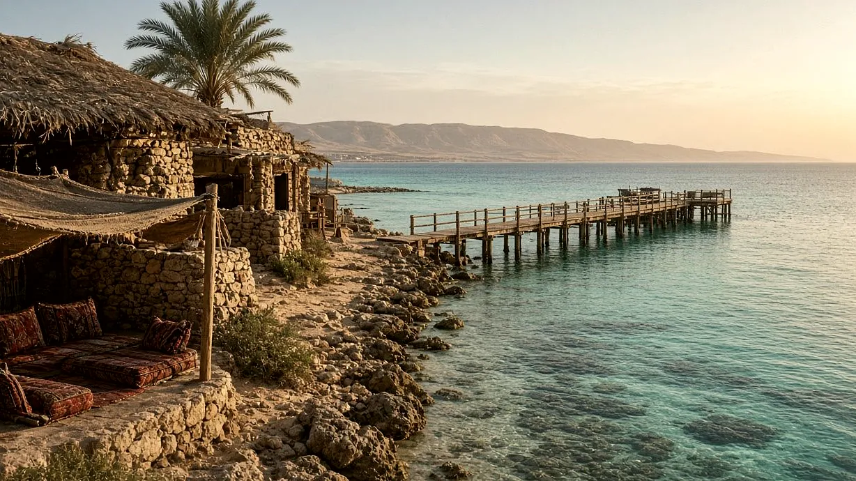 Beach village with bungalows and a wooden pier on a quiet bay