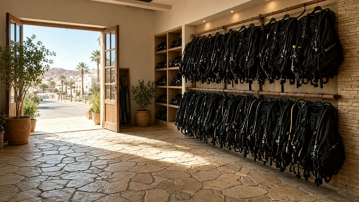 Kit room with jackets and regulators hung on racks