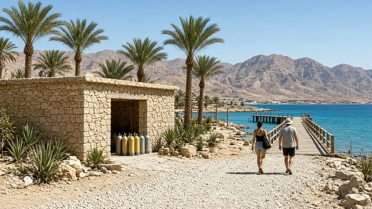 Resort dive centre among palms with desert mountains behind