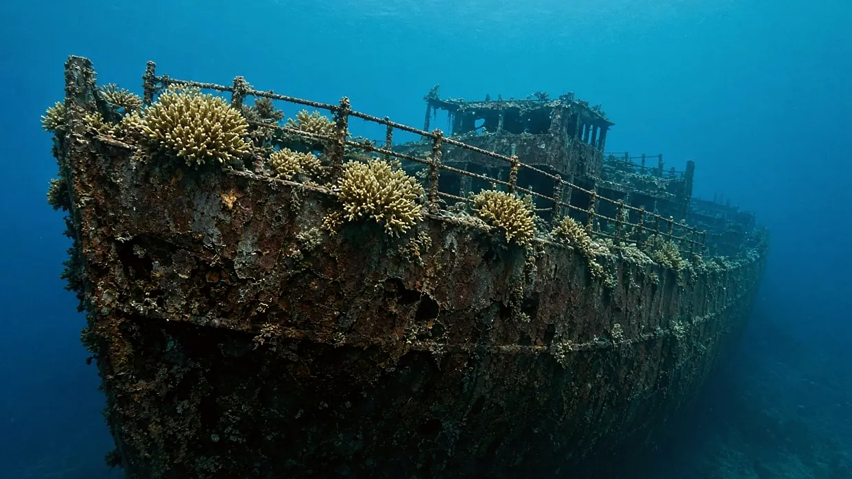 Rusted wreck hull covered in coral