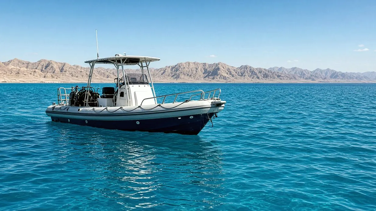 Small dive boat on turquoise water near the coast